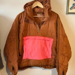 Free People Pippa Pullover Colorblock Puffer Toasted Coconut Neon, size Large